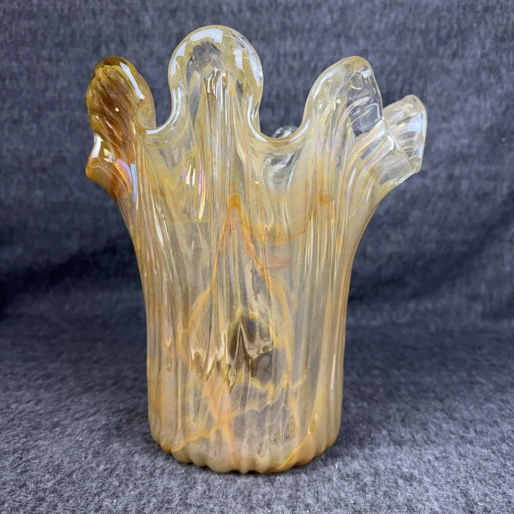 Yellow Swirl Hand Blown Art Glass Ruffled Vase Textured Cylinder Tall Decor